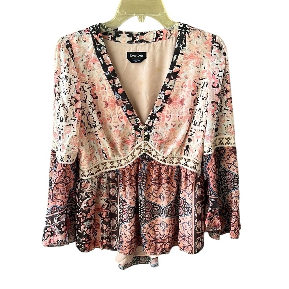 Bebe Sz M Babydoll Romantic Chiffon Mixed Floral Flouncy Retro Blouse Top